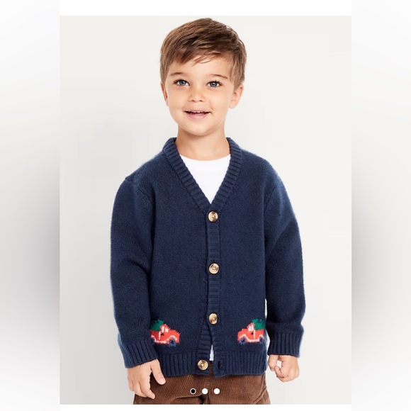 Navy Blue Kids Cardigan with Holiday Trucks Design NWT - Picture 1 of 5